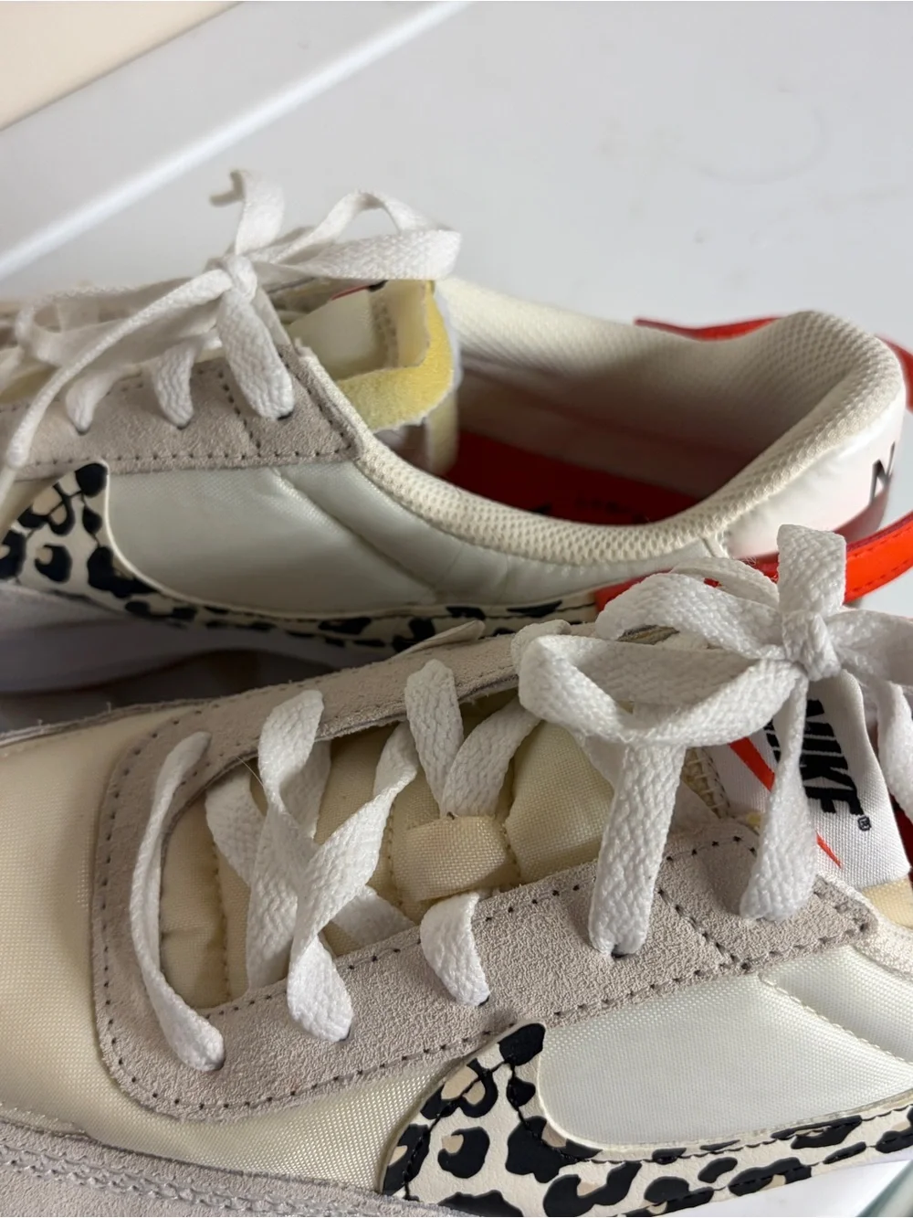Nike Retro Runner Sneakers with Leopard Swoosh - Cream & White